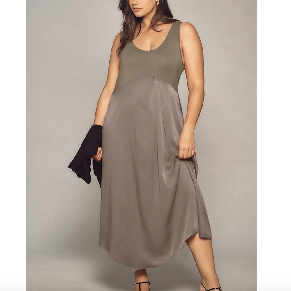 Anthropologie - Gemini Scoop Neck Tank Stretch Sleeveless Maxi Dress Taupe - 3X